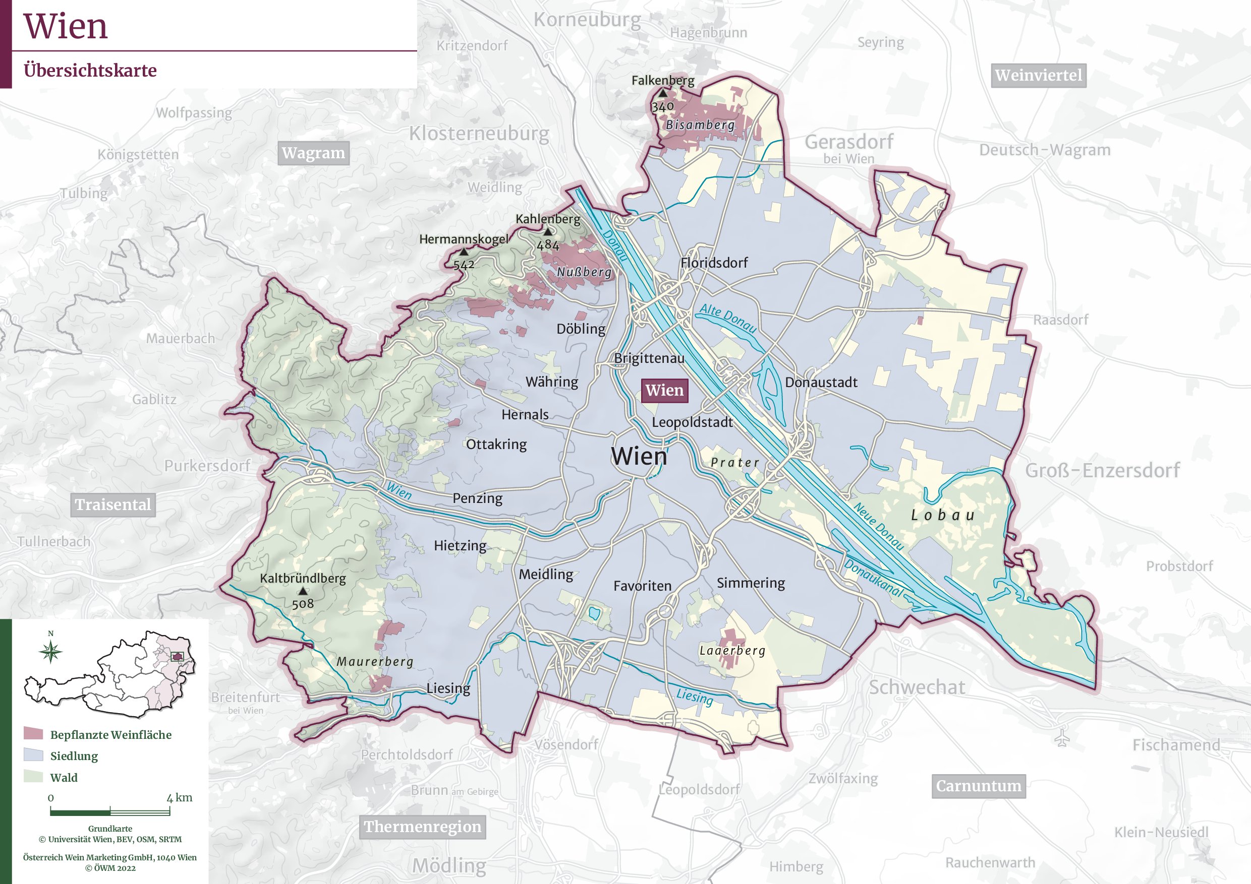 totpgrafische Karte Wiens - Weinbauregionen