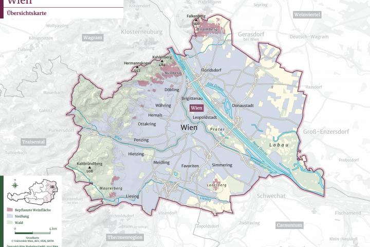 topografische Karte Wiens mit den Weinbauregionen