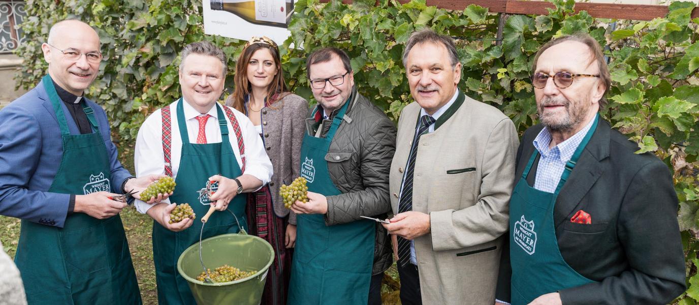Copyright: Landwirtschaftskammer Wien / Paul Pibernig Foto: Weinlese am Schwarzenbergplatz v.l.n.r.: Dompfarrer Toni Faber, Bürgermeister Dr. Michael Ludwig, Weinprinzessin Elisabeth Strauch, Vizepräsident der LK Wien Norbert Walter, Präsident der LK Wien Franz Windisch, Eigentümer vom Weingut Mayer am Pfarrplatz Hans Schmid